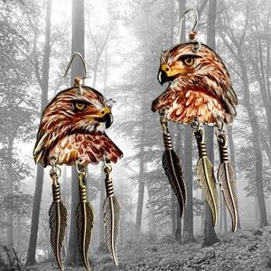Beautiful handpainted red tail hawk earrings w feather charms silver wires OOAK